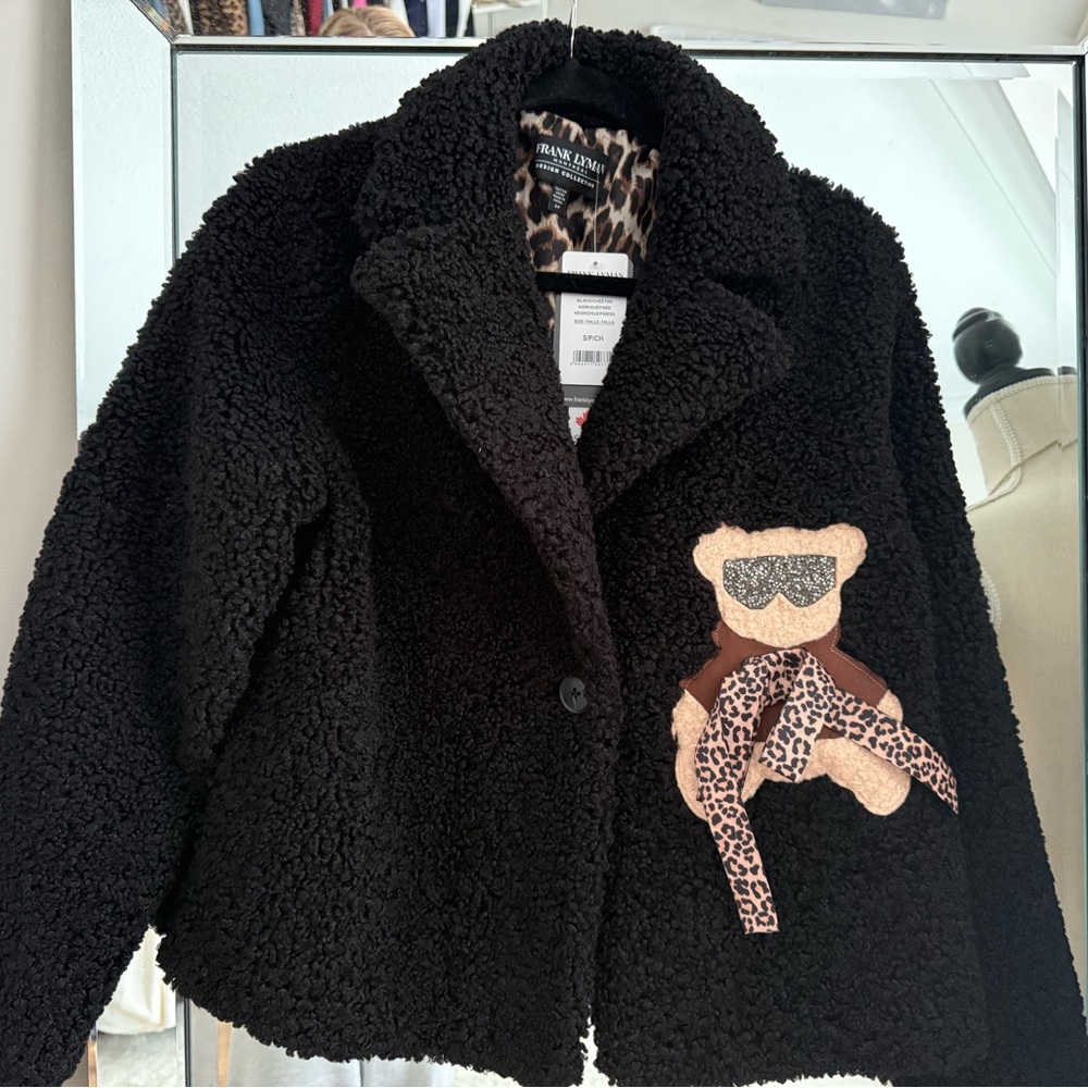 Frank Lyman Design Black Pea Coat with Teddy Bear Accent